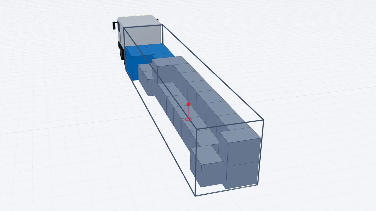 Semi-trailer load plan in 3D with stacked grey GitterBoxes and blue bumper racks