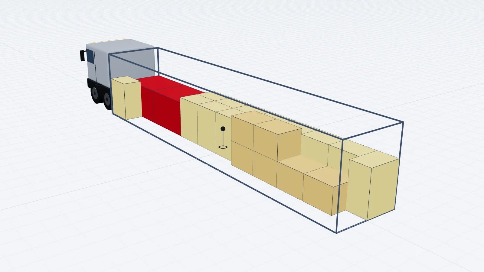 Trailer in 3D coloured by weight, with heavy machine crates, steel pallets and the load centre of gravity marker