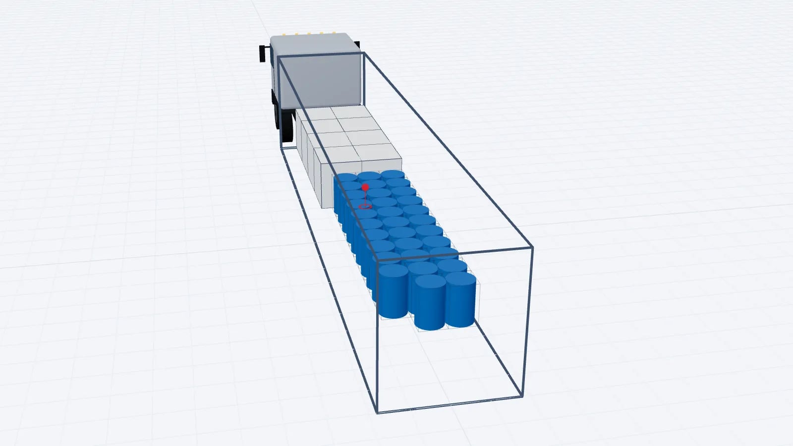 Semi-trailer in 3D loaded with white 1000 litre IBCs and rows of blue 200 litre drums