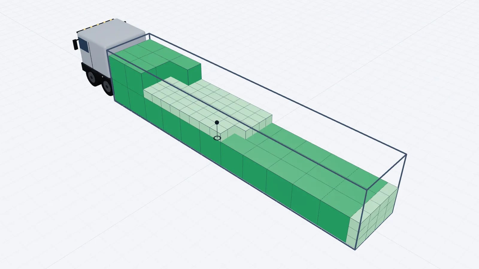 Well-filled trailer in 3D with double-stacked green pallets and cartons, seen from above