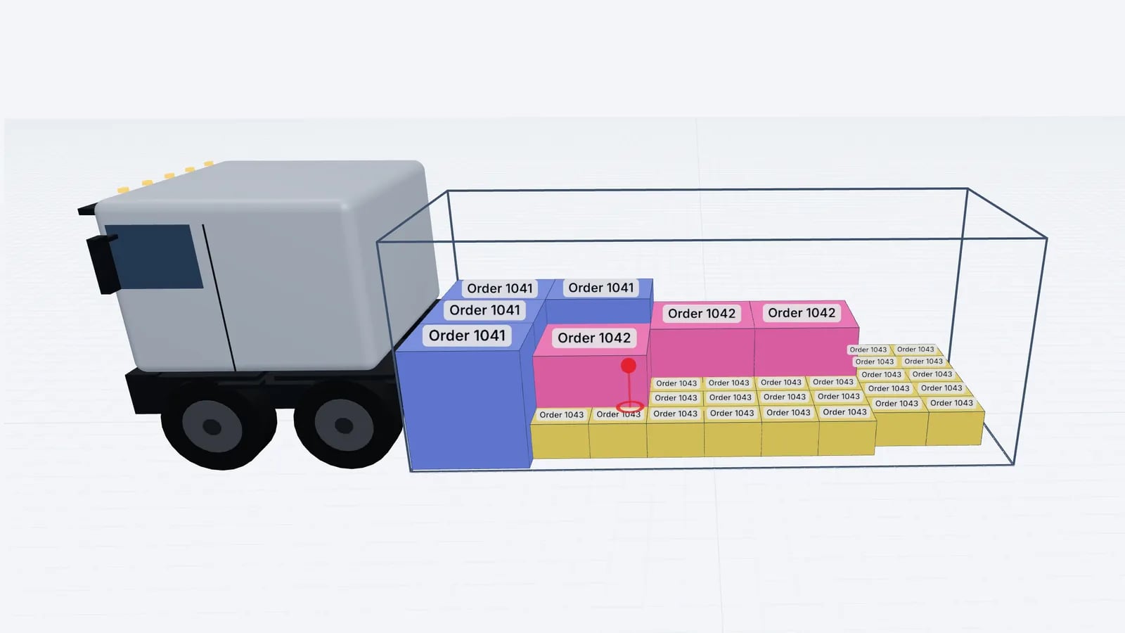 Rigid truck in 3D with order pallets and cartons labelled by order number