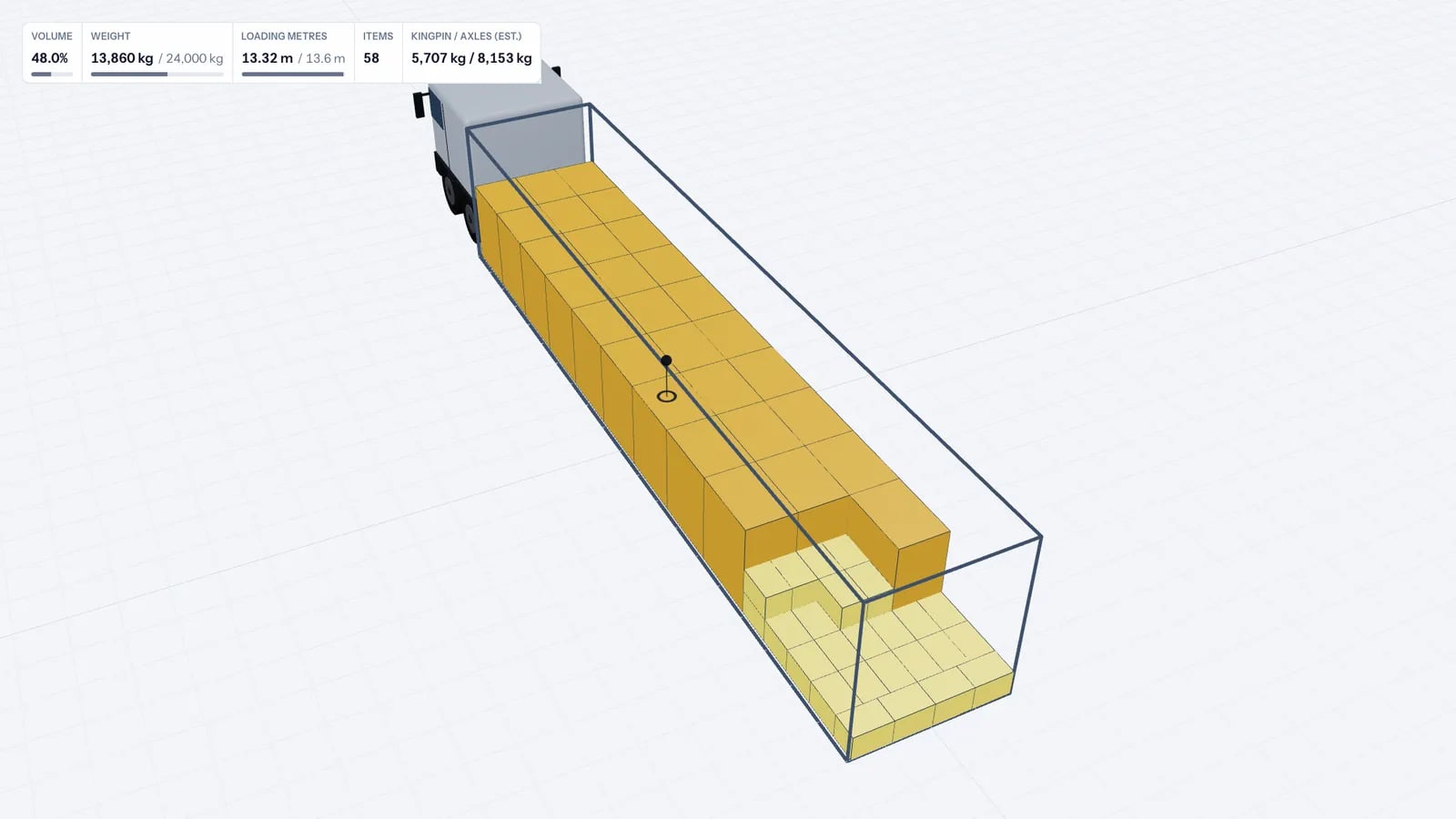 Trailer load plan in 3D with volume, weight and loading metre utilisation in the stats bar