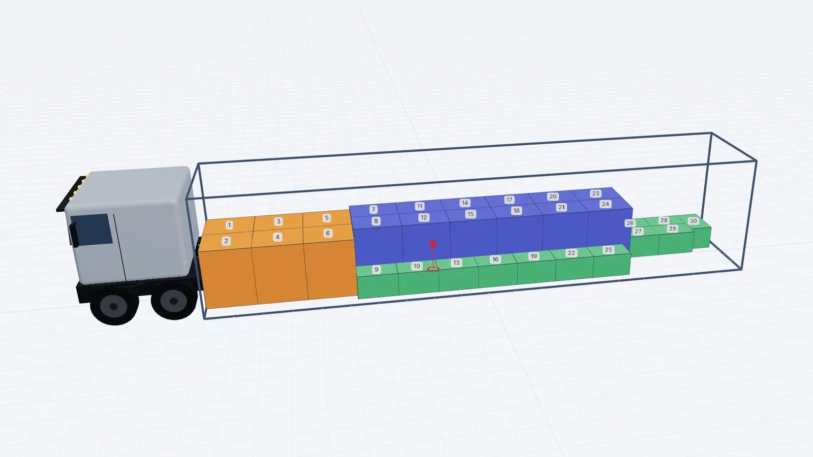 Mega trailer load plan in 3D with mixed pallets and crates numbered in loading order