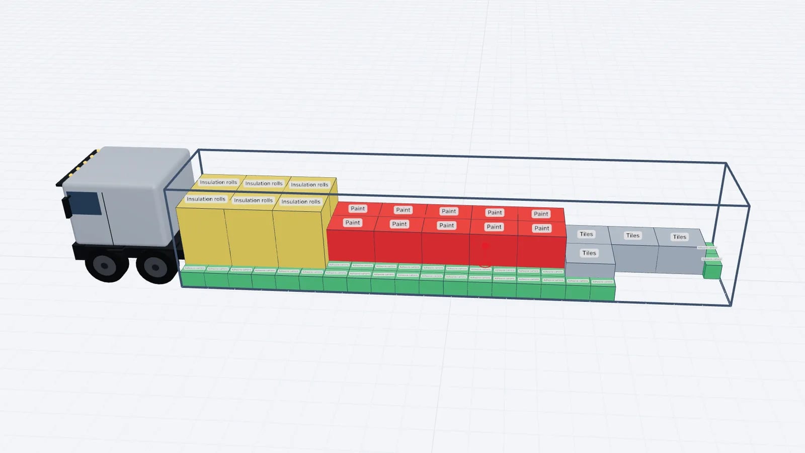 Trailer in 3D with paint pallets, insulation rolls, tiles and cartons, each labelled by name