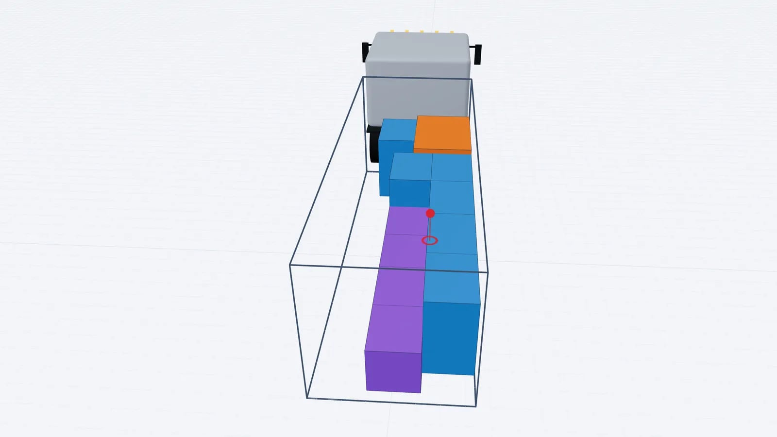 Rigid truck in 3D from above and behind with a machine on a skid, pallets and crates packed without gaps