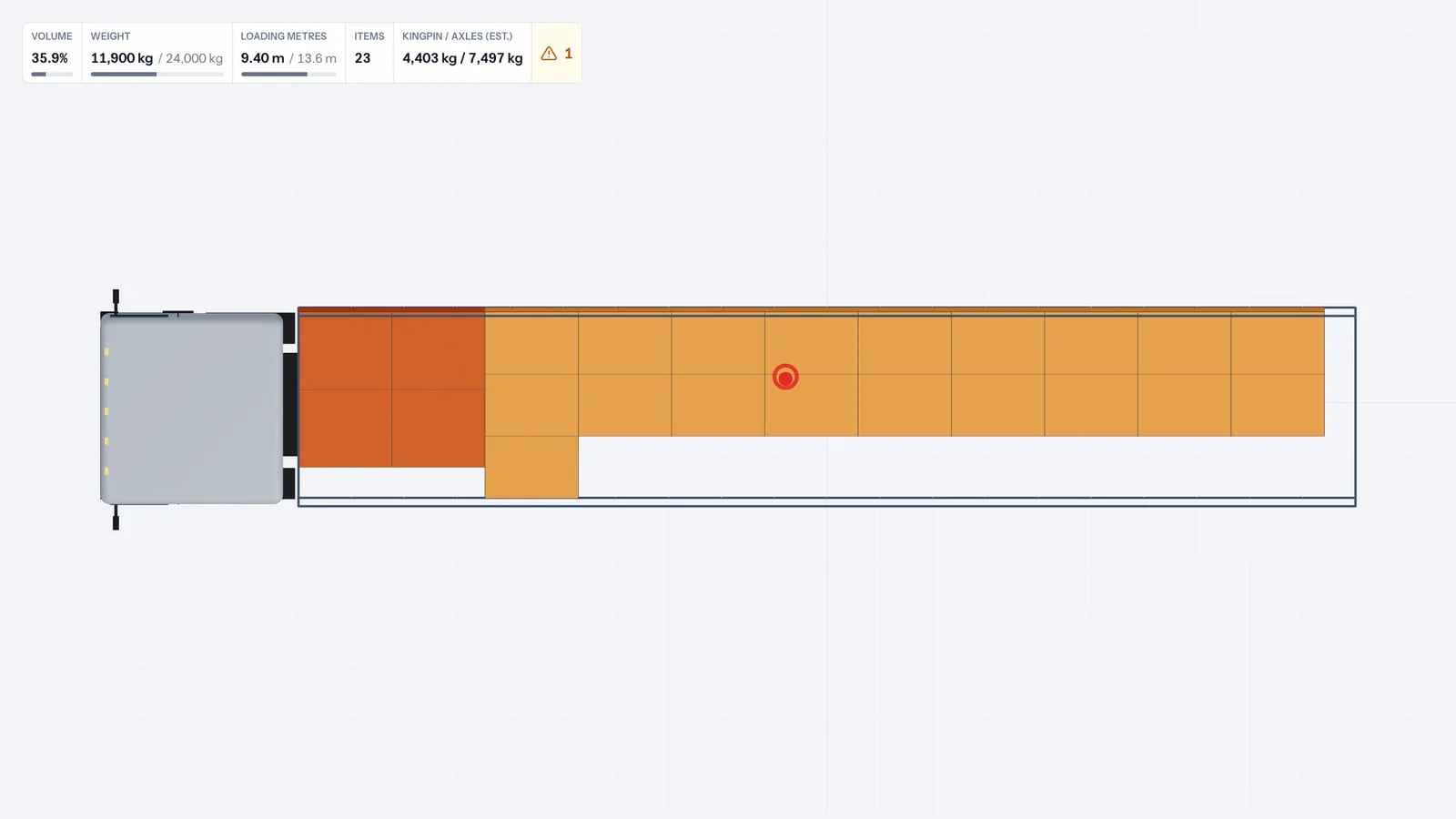 Top view of a part-loaded trailer with Euro and industrial pallets and the loading metres shown in the stats bar