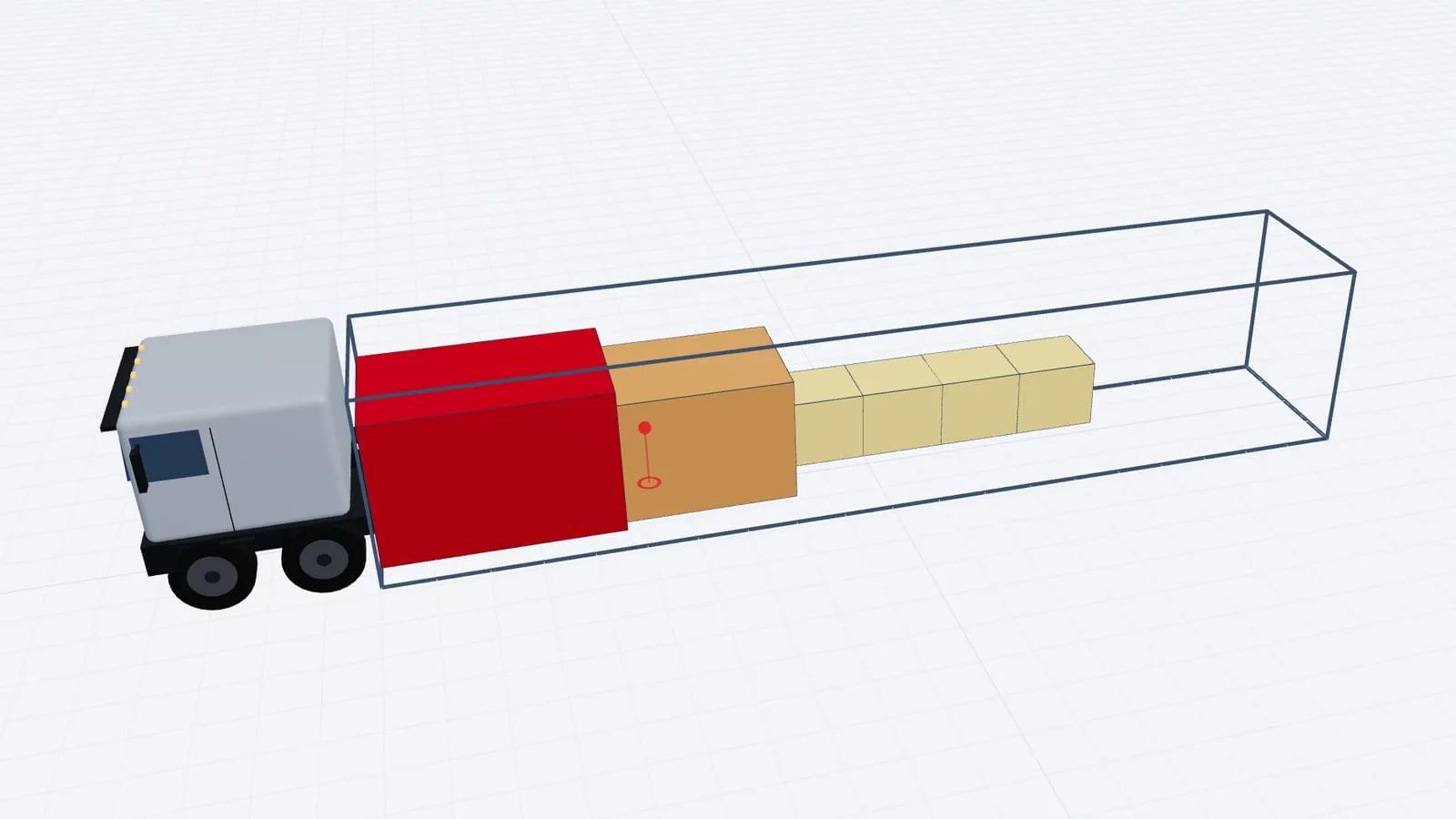 Trailer in 3D coloured by weight with a heavy CNC machine crate, a press crate and spare parts pallets
