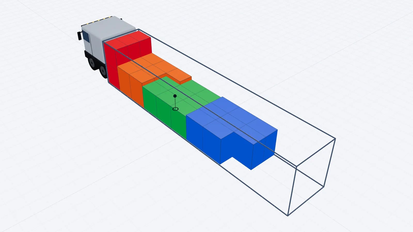 Trailer in 3D with pallets coloured by delivery stop, later drops loaded deeper