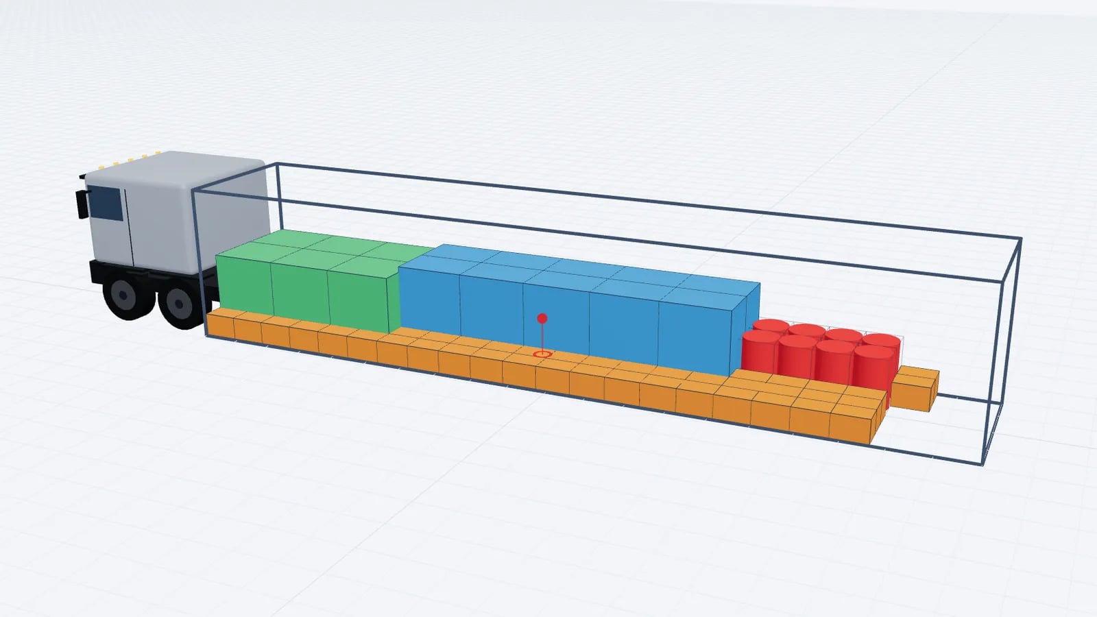 Semi-trailer load plan in 3D with drinks pallets, industrial pallets, cartons and oil drums