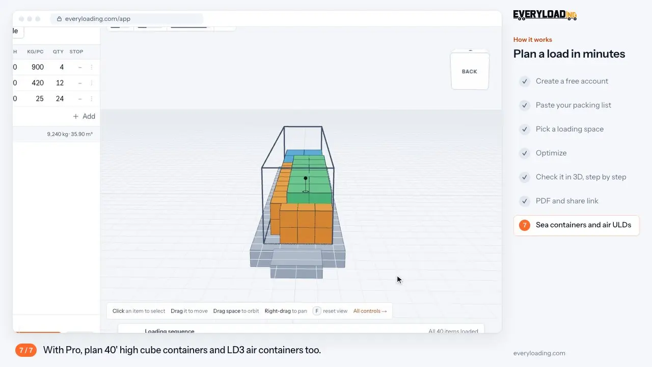 EveryLoading demo: paste a packing list, pick a loading space, optimize and check the load in 3D
